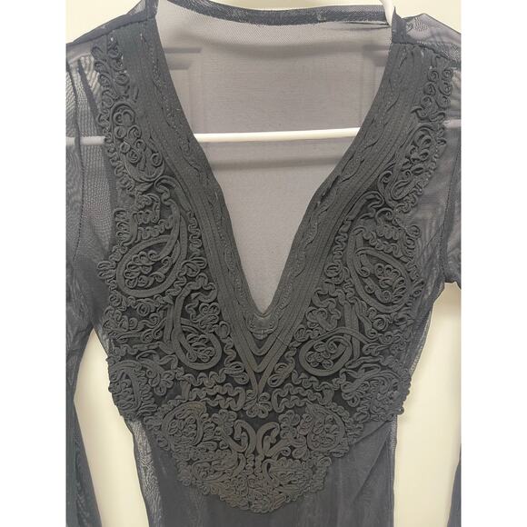 Whimsy goth grunge mesh long sleeve v-neck embroidered chest black XS - Picture 2 of 4